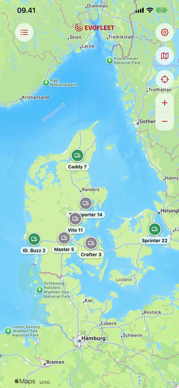 Evofleet-app – flådekort med alle køretøjer live på kortet